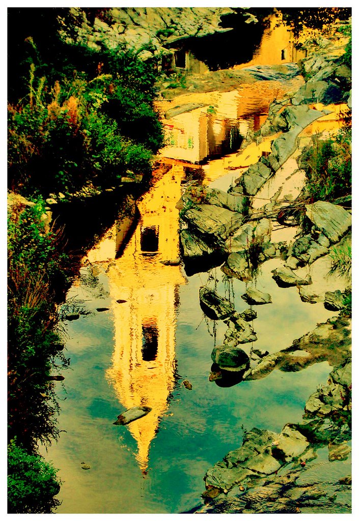 Dolcedo The Church of Dolcedo ott08 above the Bridge Of the Riders of Malta reflected in the river Prino by esseil