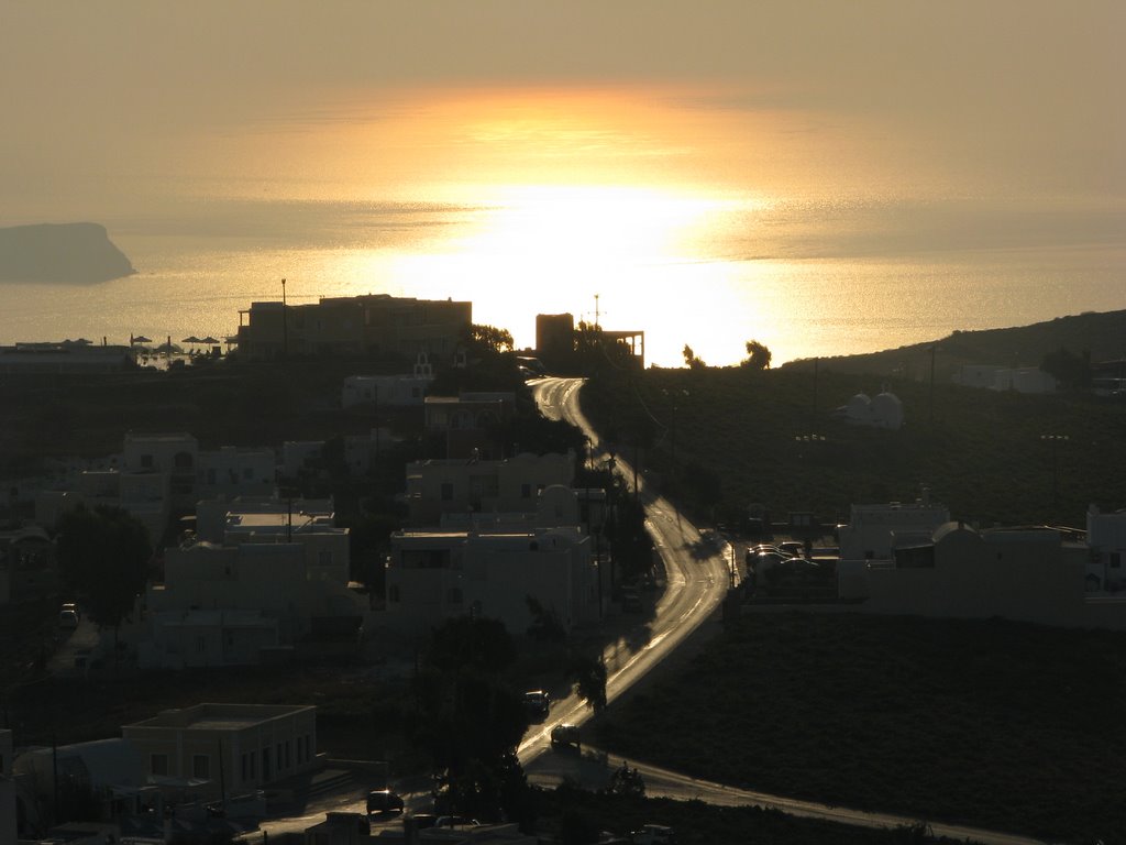 Pyrgos, santorini, sunset in caldera. by underhill