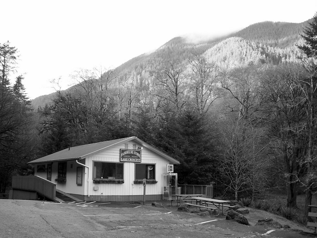 An empty store and snow cap mountains by moochie420