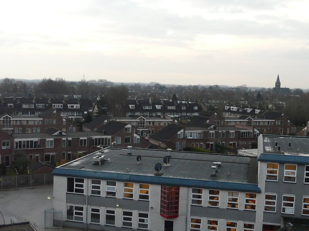 Zicht vanuit het Theater aan de Slinger bij zonsopkomst, richting zuidwesten (De Heemlanden en wijk De Lobben), Houten by David Jimmink