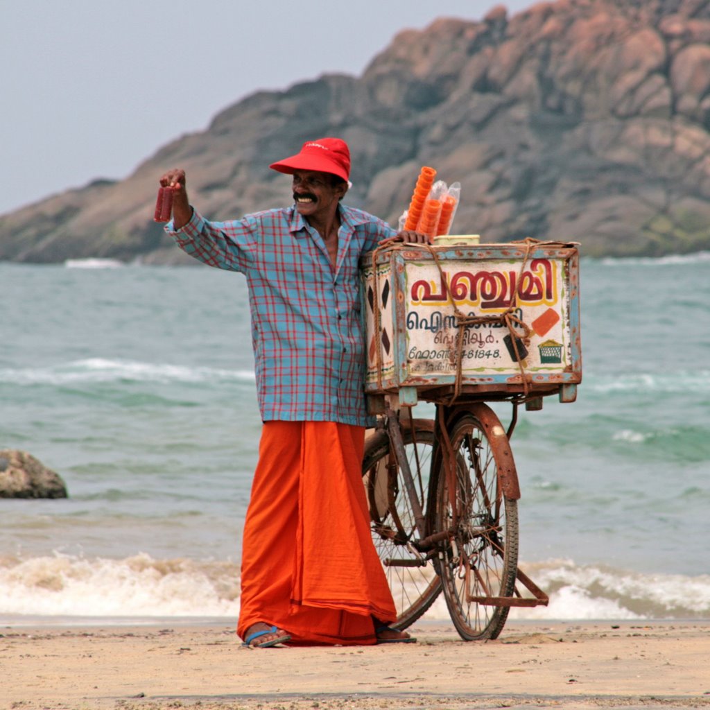 Ice-cream man at Kovalam Beach by mjungmann