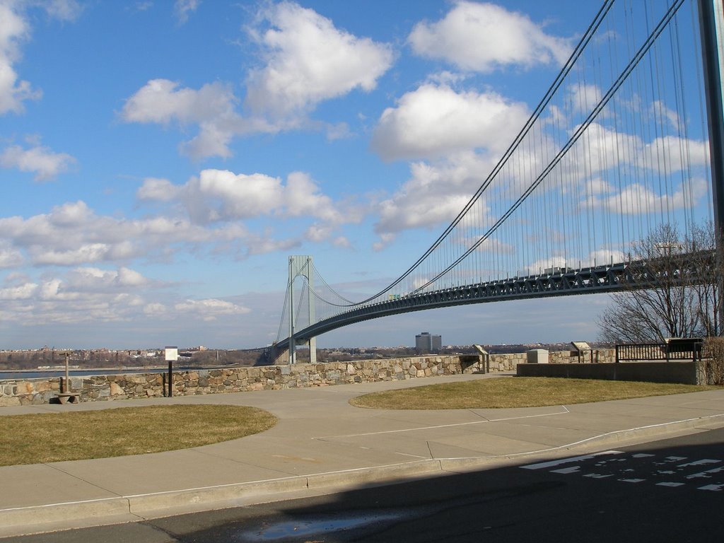 The Verrazano Narrows Bridge connects two of New York Citys' five boroughs - Staten Island with Brooklyn. It is one of the worlds' longest suspension bridges. View from Staten Island looking towards Brooklyn. February 7, 2008 by Gary Miotla