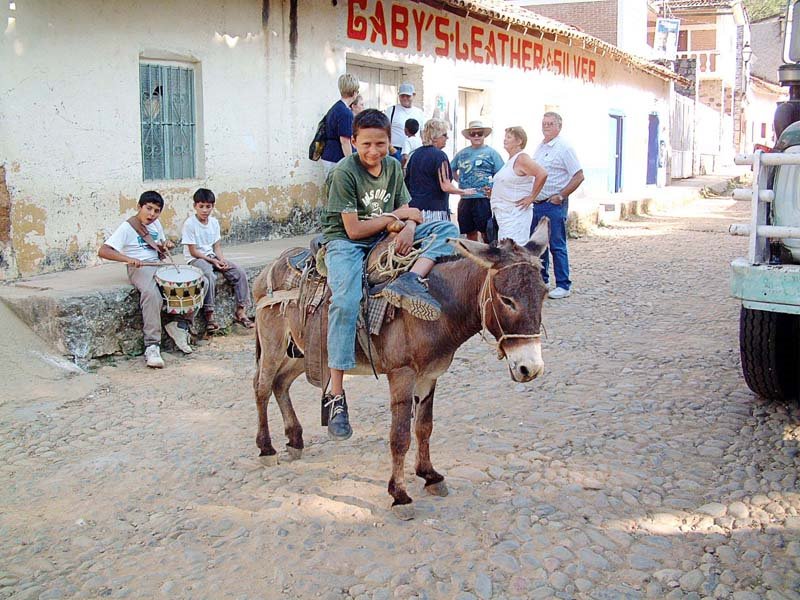 Boy on burro in Copala by Tom Whitmore