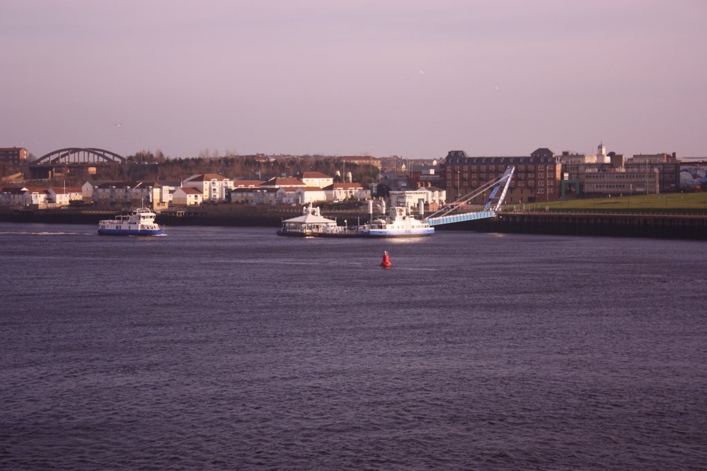 View of South Shields Ferry & Landing, from the Deck of the Ark Royal, River Tyne by Albert Griffiths