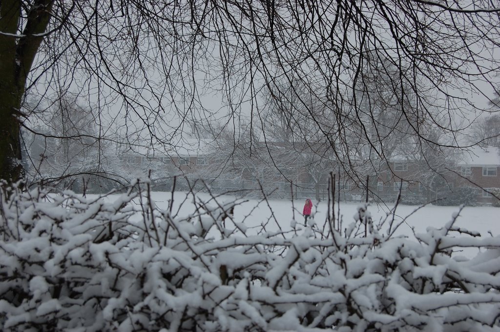 Calverton park in winter ,child in red o=k by Olive Kirk