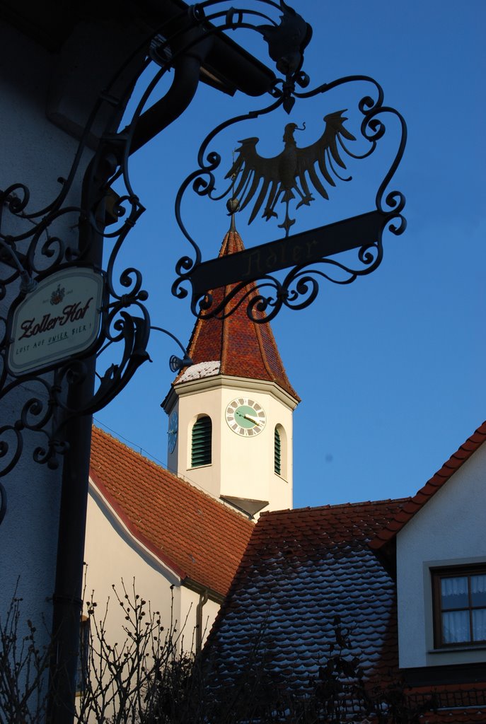 Wirtshausschild zum Adler mit Dorfkirche by hannes riester