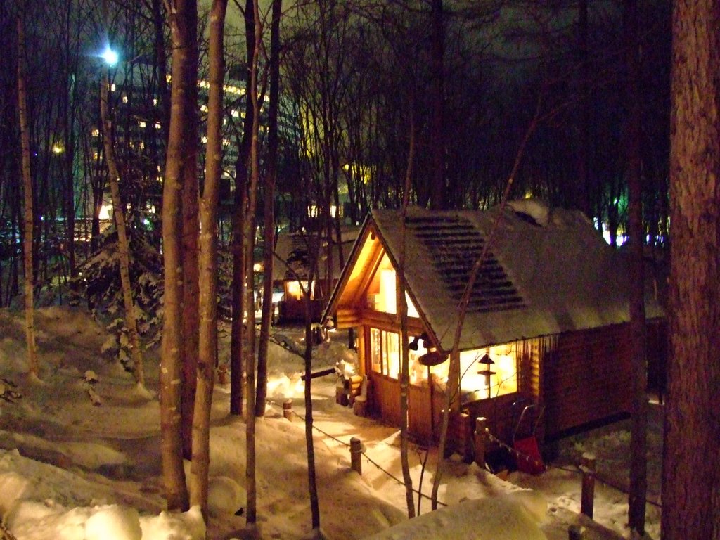 Cottage with a glowing Prince Hotel in the Background by Chouden Boy