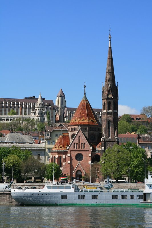 View to calvinist church of Buda and Fisherman's Bastion from Danube, April 2008 by necroleek