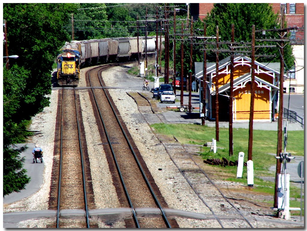 AMTRAC RAILROAD STATION, MAN IN WHEEL CHAIR, LEFT AND MAN ON BICYCLE AT ENGINE, ALDERSON, W.VA by TEABERRYEAGLE