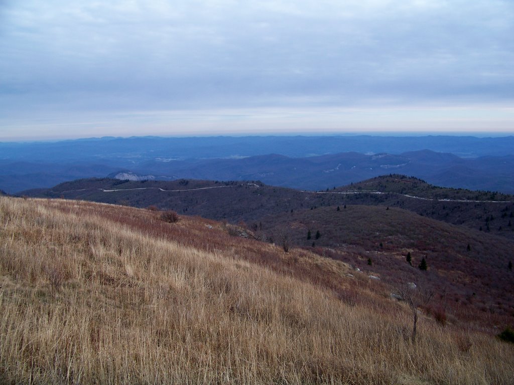 Atop Black Balsam Knob - View southeast across an empty Blue Ridge Parkway - see Looking Glass Rock, John Rock, and Cedar Rock Mountain by Kevin Childress