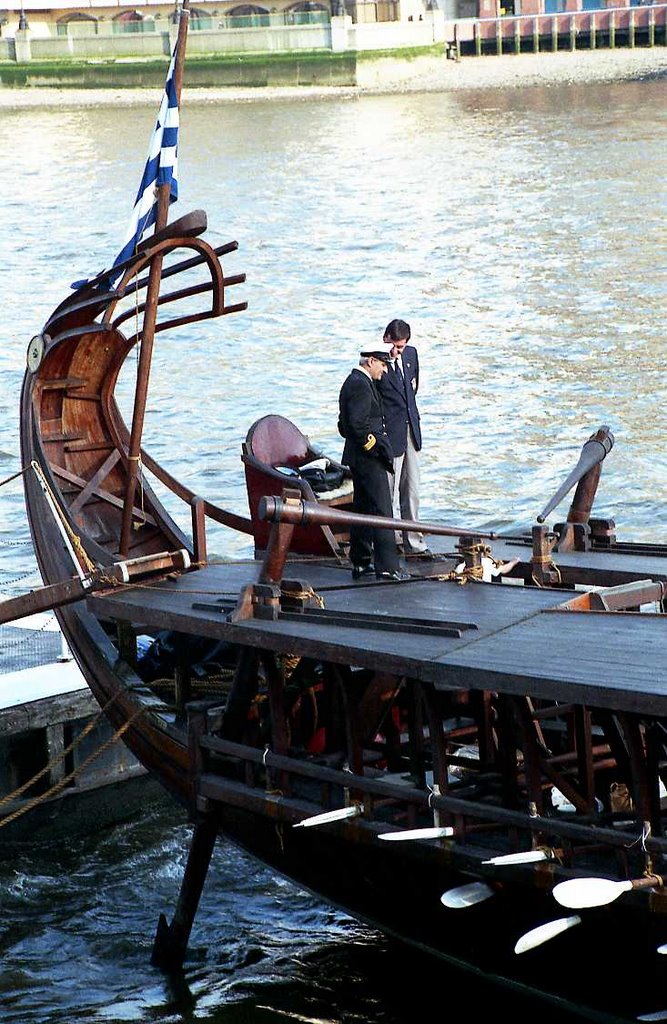 The Greek Navy Captain arrives onboard - note the twin tillers - Jun 1993 by MaxFarrar