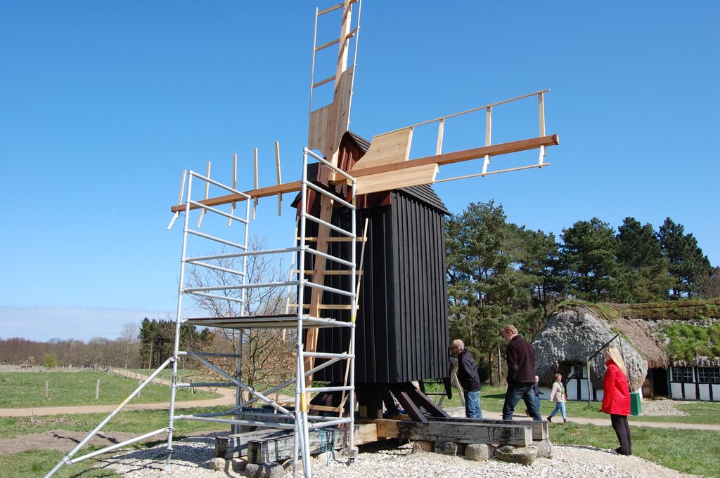 A mill from <a href="http://en.wikipedia.org/wiki/Læsø">Laesoe</a> that belongs to the farm in the bagground at the Open Air Museum by Maltesen