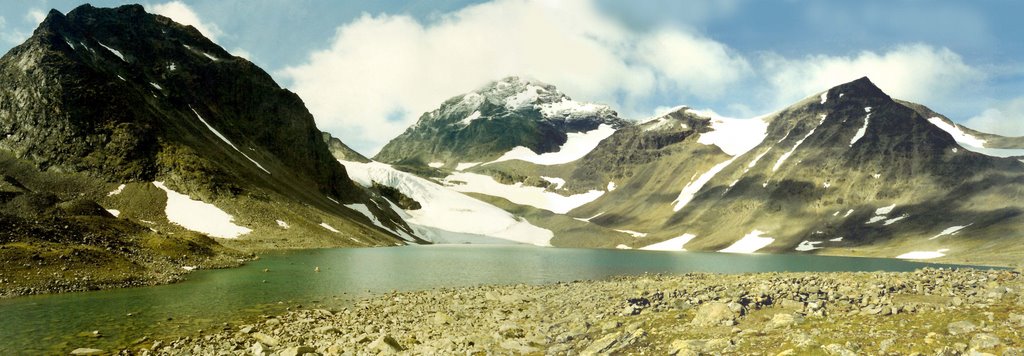 The mountain lake Darfáljávri in Giebmegáisi (Kebnekaise) mountains. Norrbotten County (northern Lapland). August 1990. by kaxnas