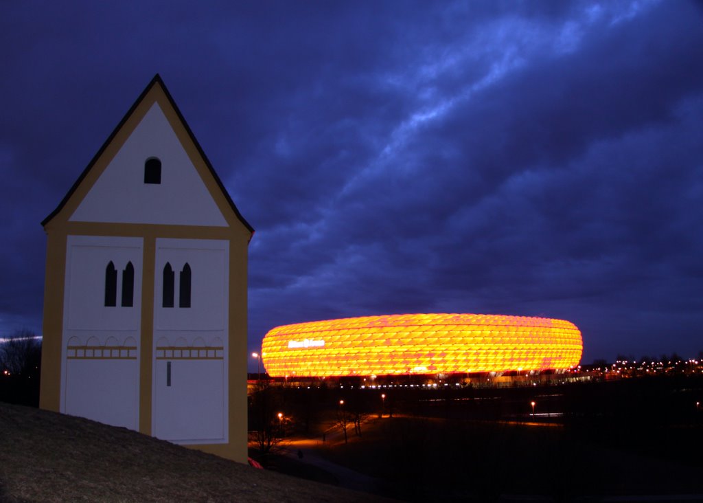 Allianz Arena ROT and Church at night (MT) by MT-Puchheim