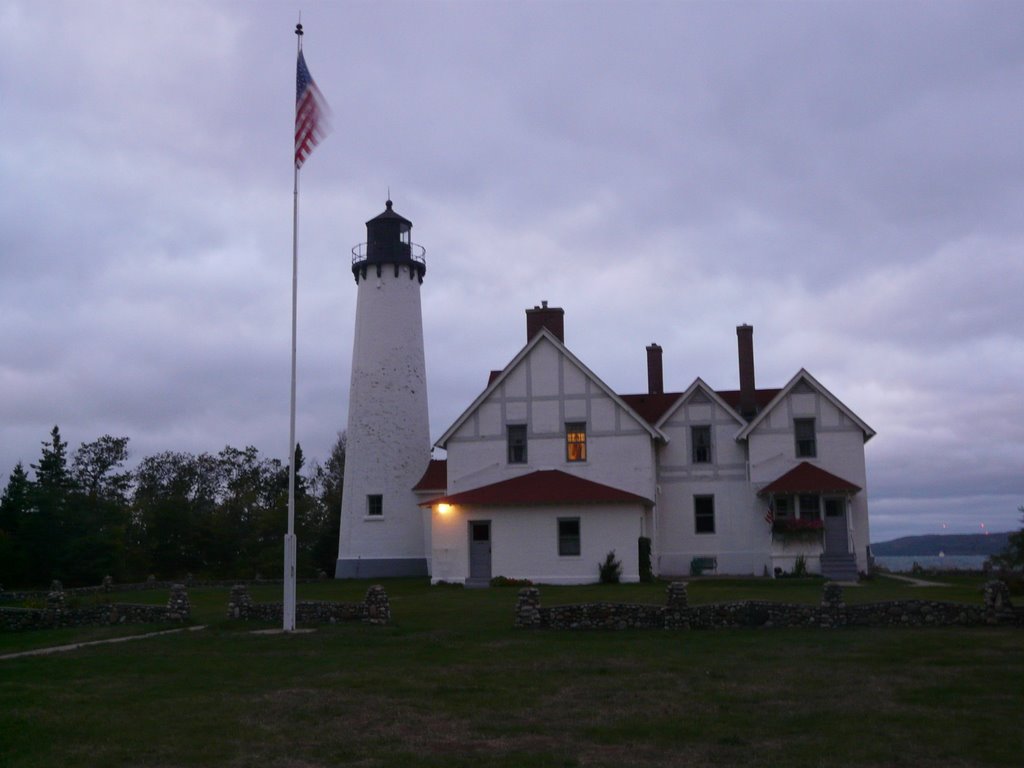 Point Iroquois Lighthouse at dusk by Michael Mathewson