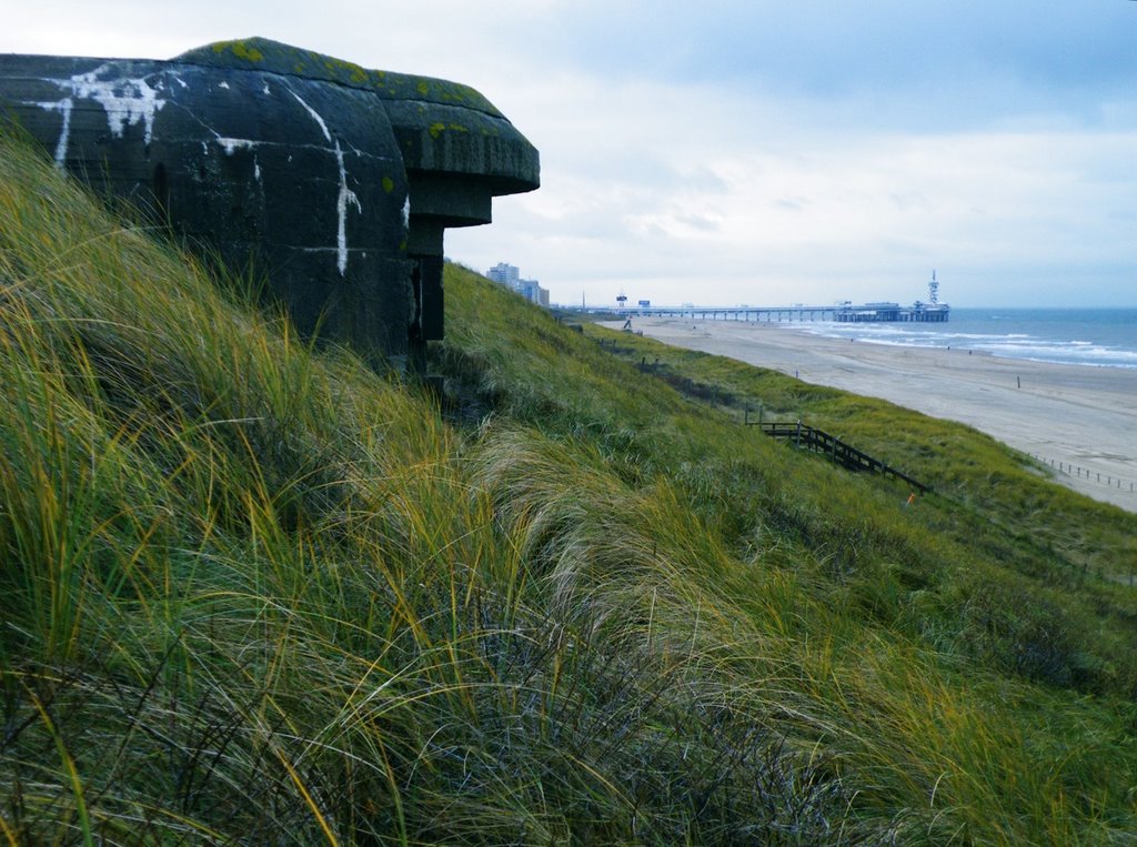 Bunker and Pier at Scheveningen beach by Clem Bennett