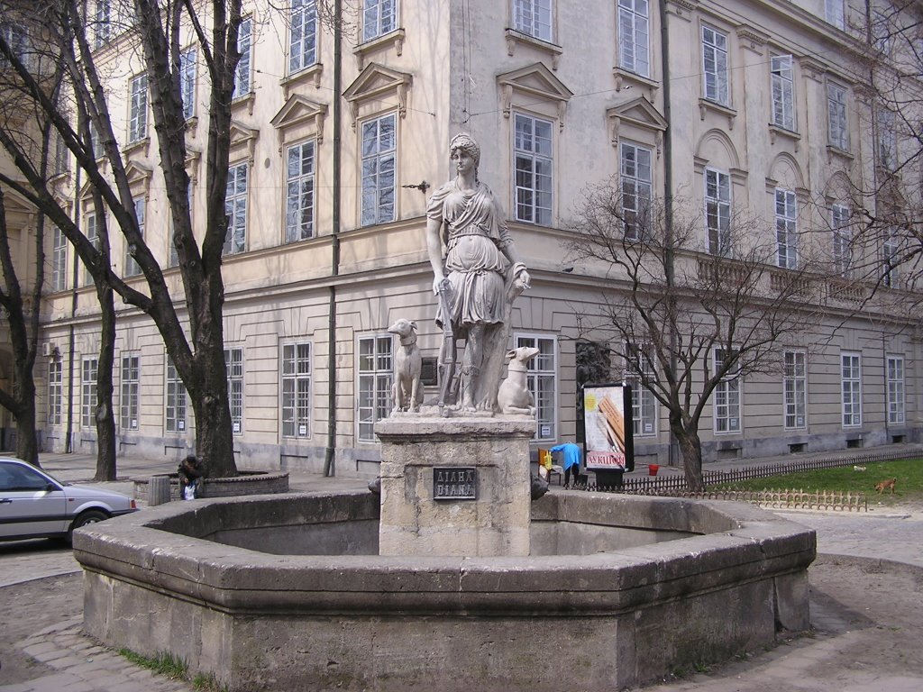 The Fountain with Diana - the Goddess of Hunting. One of the Four Fountains in the Rynok Square. by Kurylo Dmytro