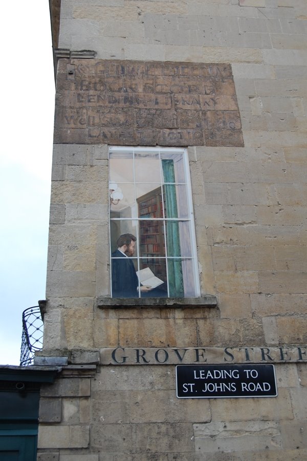 Trompe-l'œil - man readng book in his library, Bath February 2009 by Peter Bernard