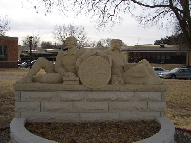 Fort Hays State University, old entrance limestone carving life-size figures by Pete Felten,Hays,KS by marnox1