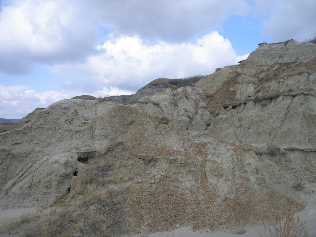 The Badlands Canyon Wall With Spring Skies at Tolman Bridge North of Drumheller AB by David Cure-Hryciuk