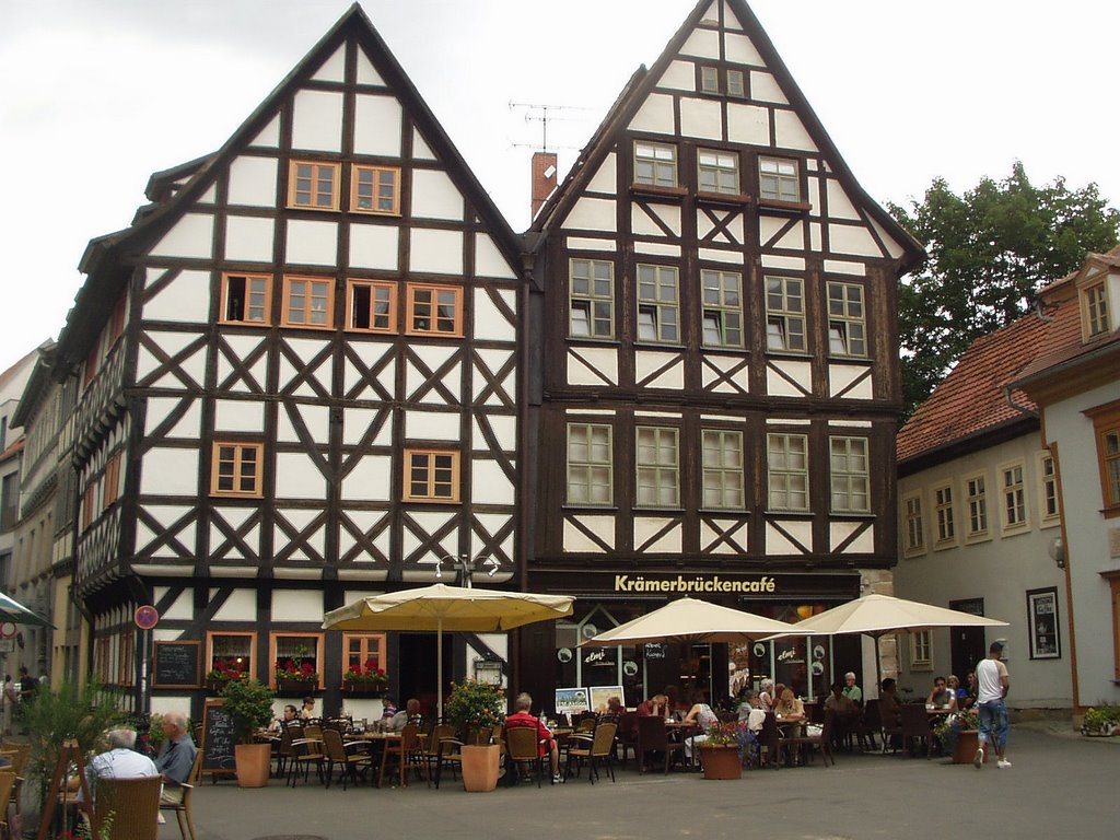 Tudor-style buildings on public square at east end of historic Krämerbrücke ( 1325 ), Erfurt, Germany by tunamackeral