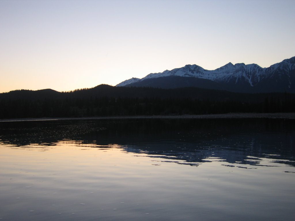 The Mountains And Ripples on the Athabasca River With Night Falling on Jasper, AB by David Cure-Hryciuk