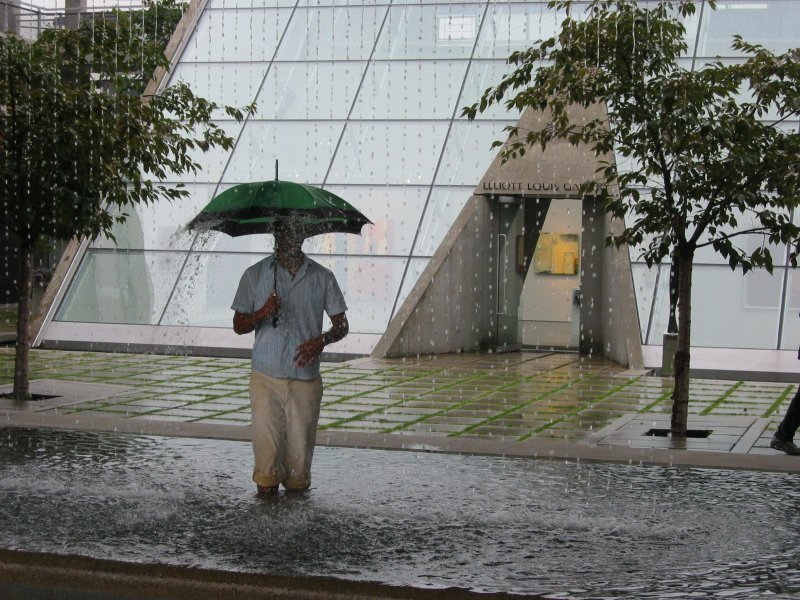 Man standing in fountain near Granville Island by Nawitka