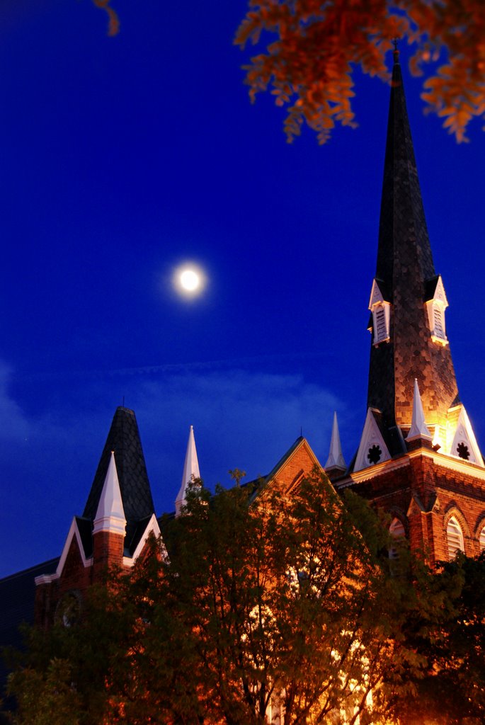 Knox Presbyterian Church on Lakeshore Blvd. in Oakville Ontario by the moonlight. by mprokaziuk