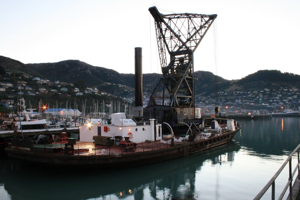 Wellington's Floating Steam Crane 'Hikitia' in Lyttleton for dry docking by D B W