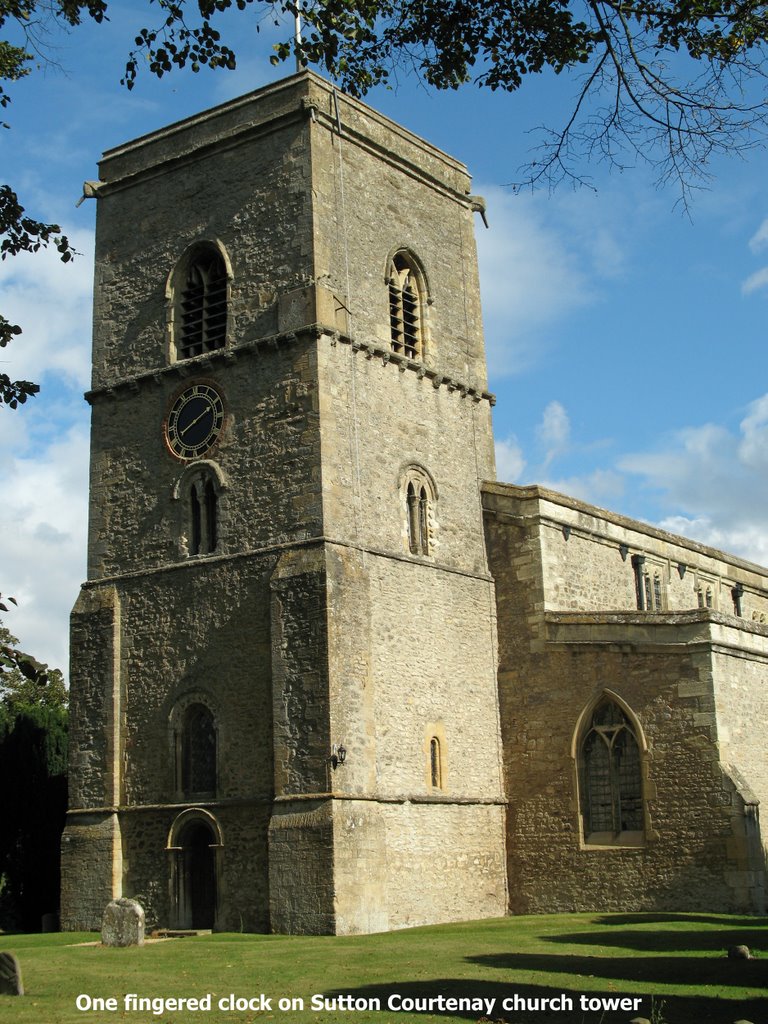 The one fingered clock on All Saints church Sutton Courtnay by Collin West