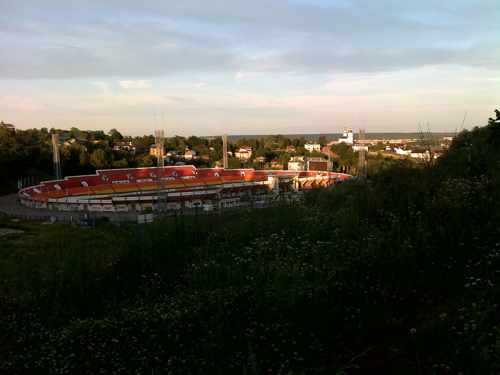 Torpedo stadium and churches on sunset by Paltus