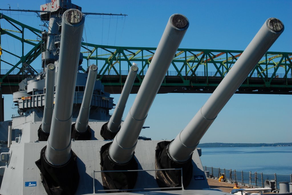 Six pack of 16"/45 MK 6 Naval Guns aboard USS Massachusetts. by Warren Edward Will