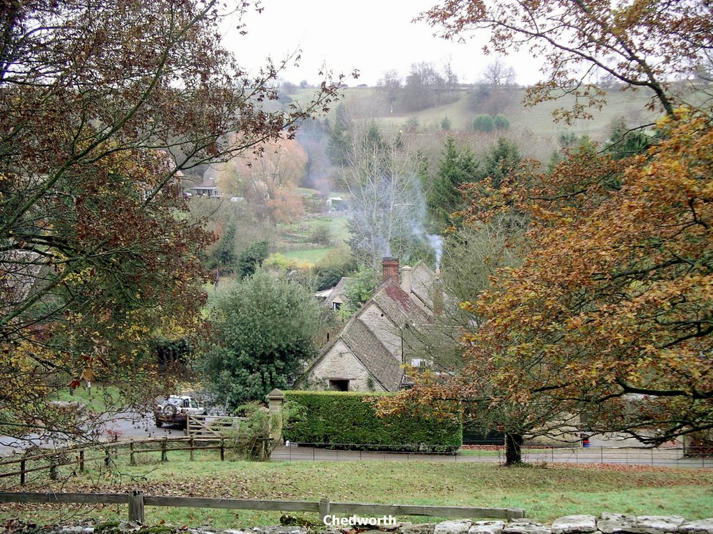 View over cottages in Chedworth by Collin West