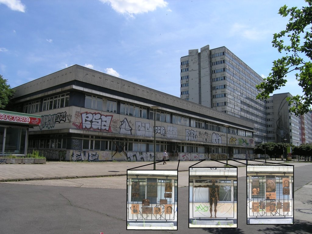 Berlin Juli 2007 - Gebaeude Otto-Braun-Str zwischen Agon Hotel und Stasi-Unterlagenbehoerde Fotomontage mit Skulpturen by Nico Keller