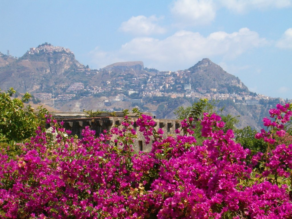 Taormina from Naxos with Bougainvilleas by Ferencz Kaszab