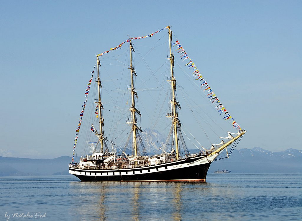 Kamchatka Peninsula. Sea landscape. Russia’s training sailing vessel Pallada. by Natalie Fed