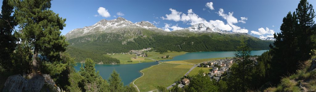 Panorama with Lake Silvaplana, Silvaplana, Surlej, Piz Corvatsch and Rosatsch Group by Hauke Wittern