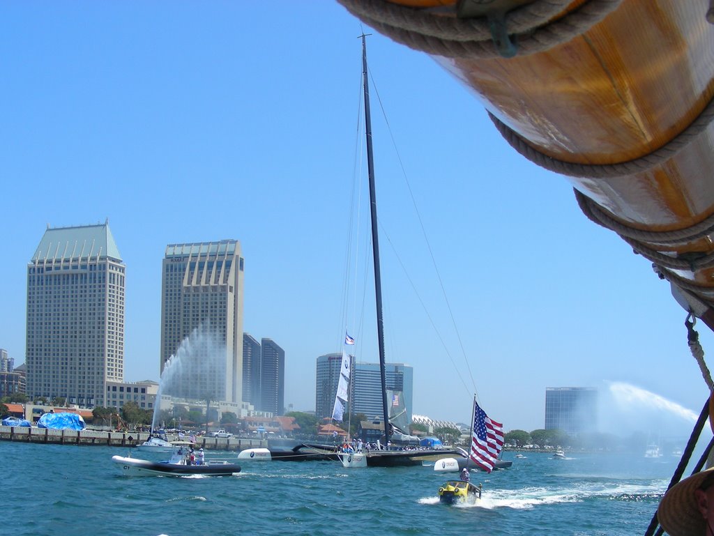 San Diego Skyline w Americas Cup Challenger from yacht 'America' by NadoHeinz