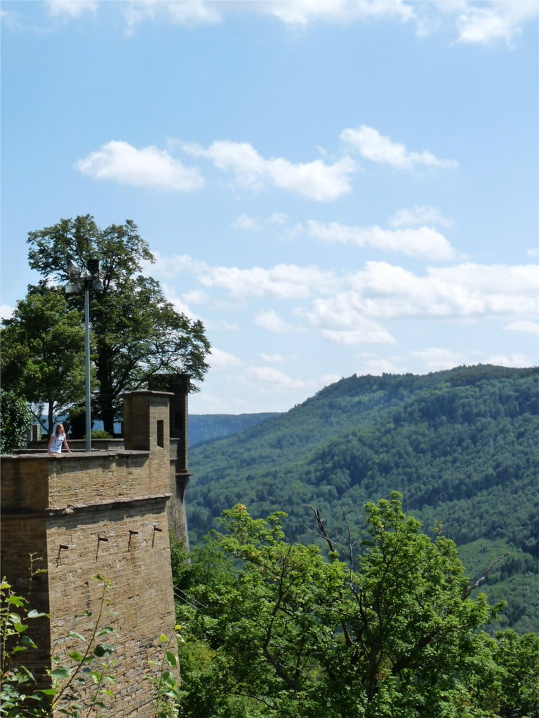 Castle wall and Swabian Alb in the distance as seen from Hohenzollern Castle Hechingen by SammySambo76