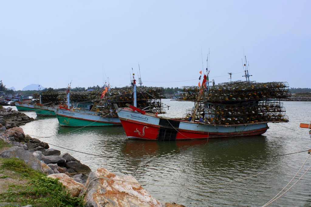 Fishing boats at Cha-am. by Vince Byrne