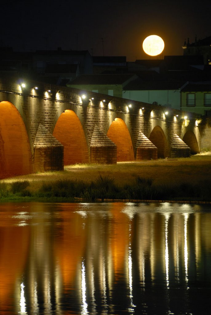 Vegas del Guadiana (comarca): Vista nocturna del puente viejo sobre el río Guadiana en la localidad de Medellín (tiene 28 arcos y mide 400 metros); luna llena by www.iberimage.com