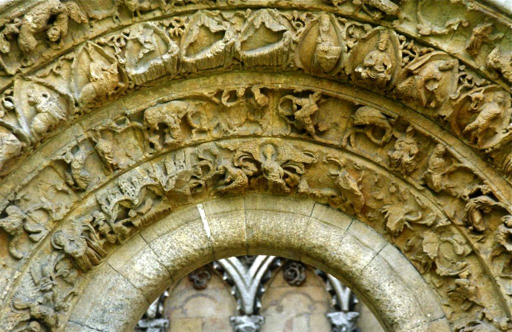 Glastonbury Abbey detail showing Zodiac carvings. October 1989 by beamish boy