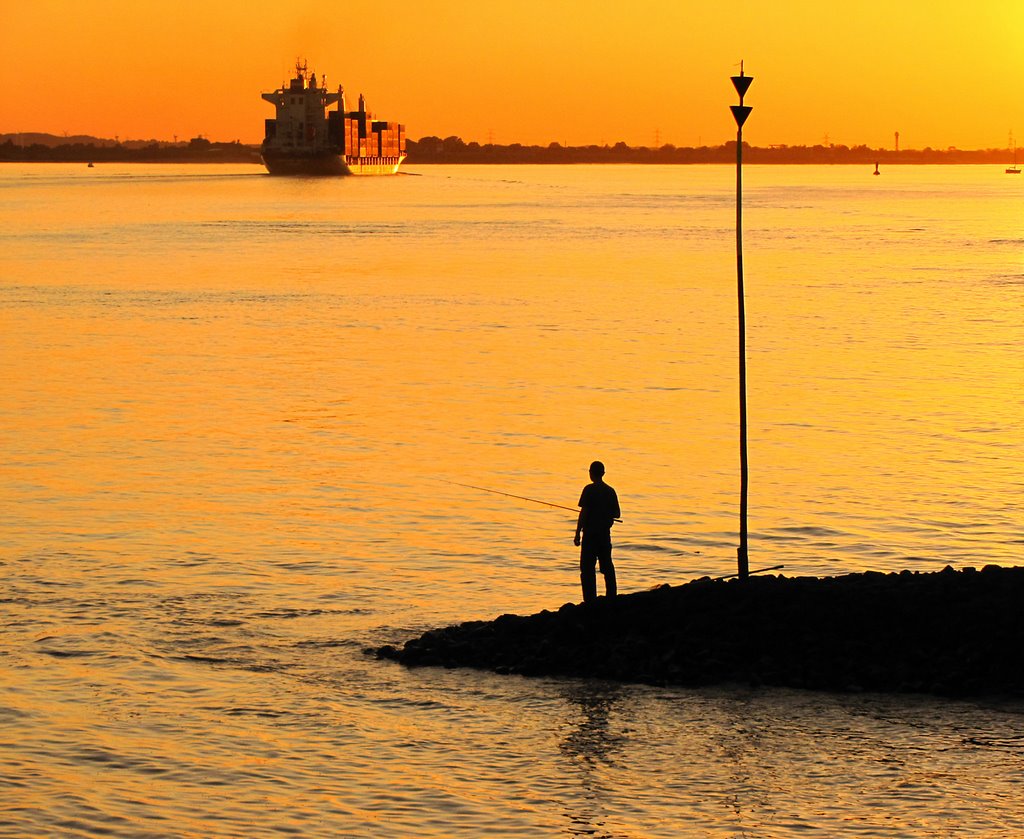 Fernweh? Einsamer Angler in der Abendsonne in Wedel-Schulau by Juliane Herrmann