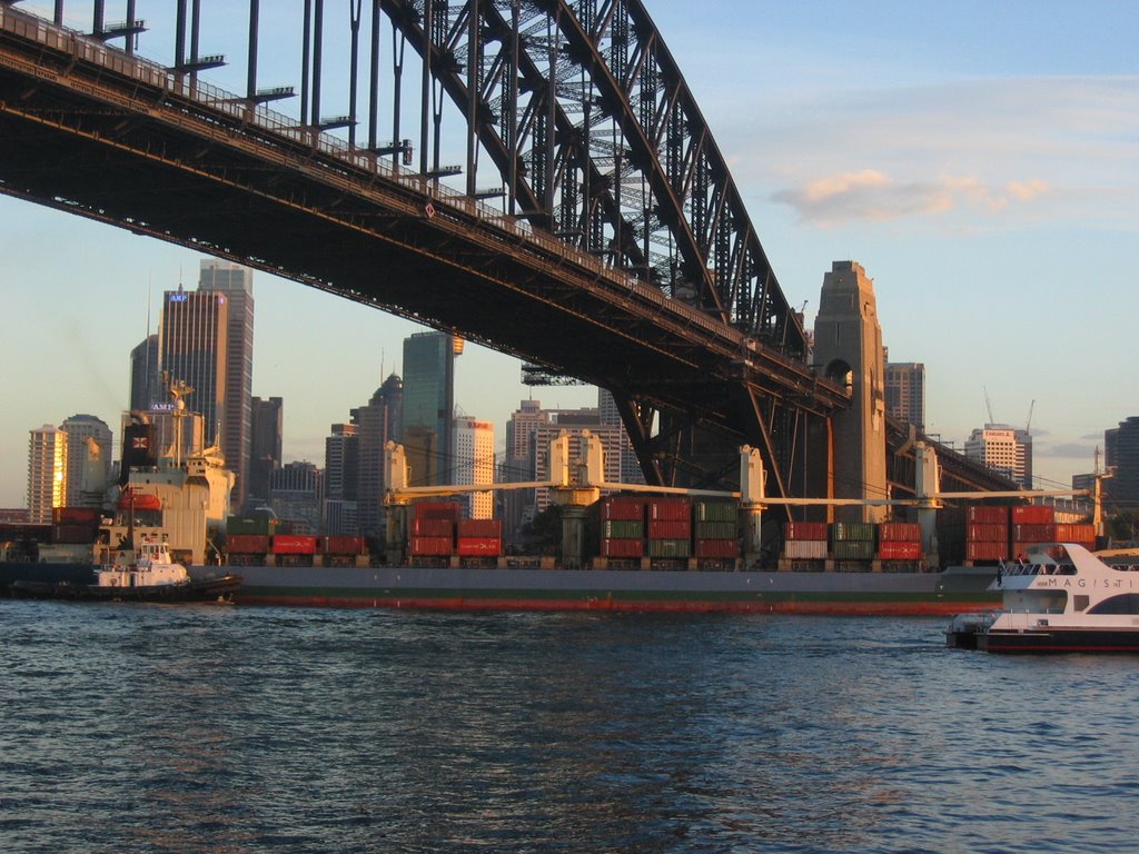 Carg boat under bridge by Cjewiss