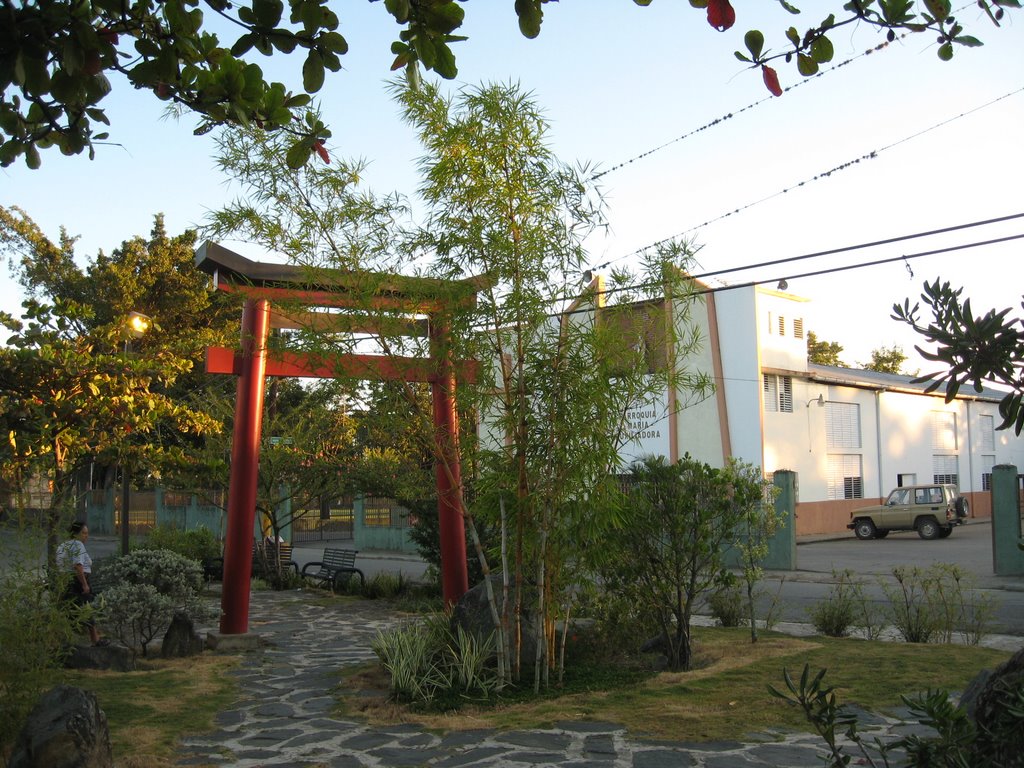 Torii and church, September 2009 by Glenn M. Harden