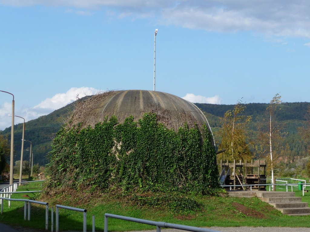 Idyllisch mit Efeu bewachsen - die halbe Kuppel vom Radom BEE HIVE der Stellung KONDOR der Hauptabteilung HA III des MfS - der StaSi - zur Funkaufklärung auf dem Heldrastein by bsabarny