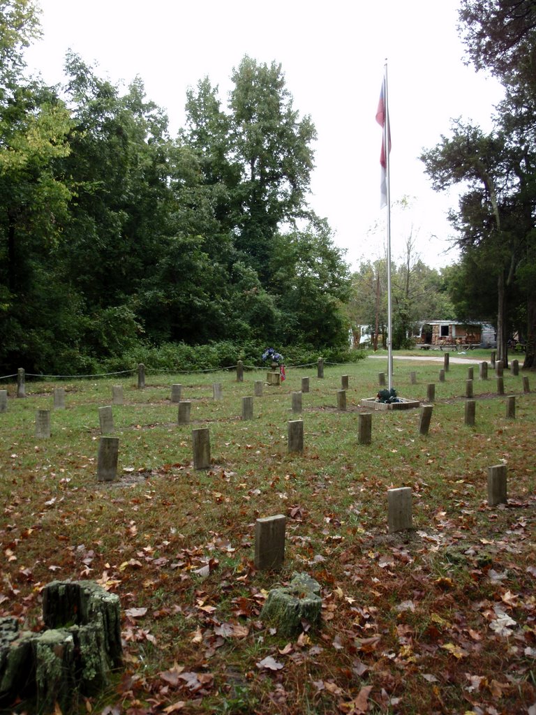 Graves and flags in Confederate cemetery with burned-out single-wide trailer in background, Kittrell, NC, 10-15-09 by tompope2001