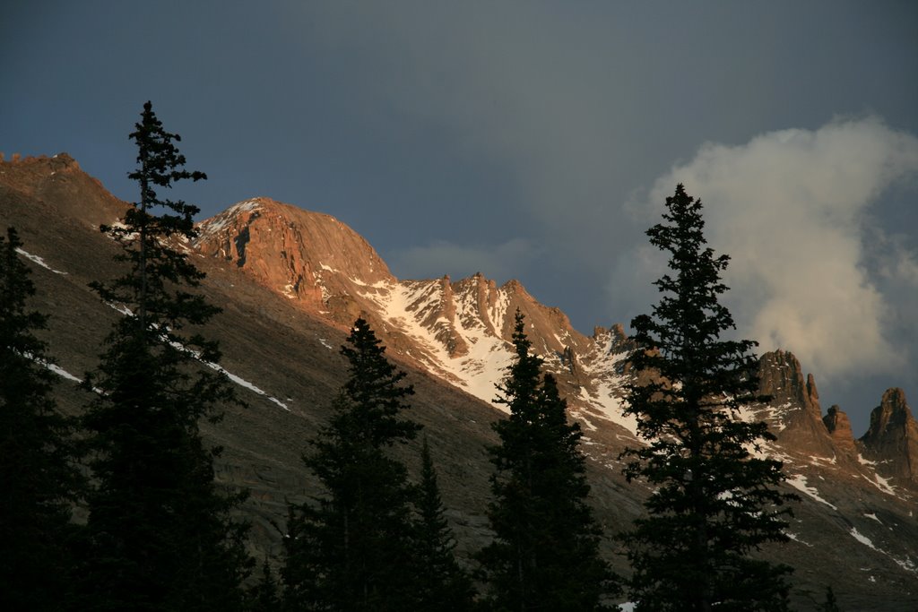 Sunset on Longs Peak from Glacier Gorge campsite by Richard Ryer