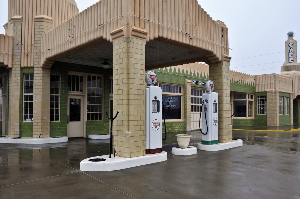 The U-Drop Inn, also known as Tower Station and U-Drop Inn and Tower Café, was built in 1936 in Shamrock, Texas along the historic Route 66 highway. by Fred Henstridge