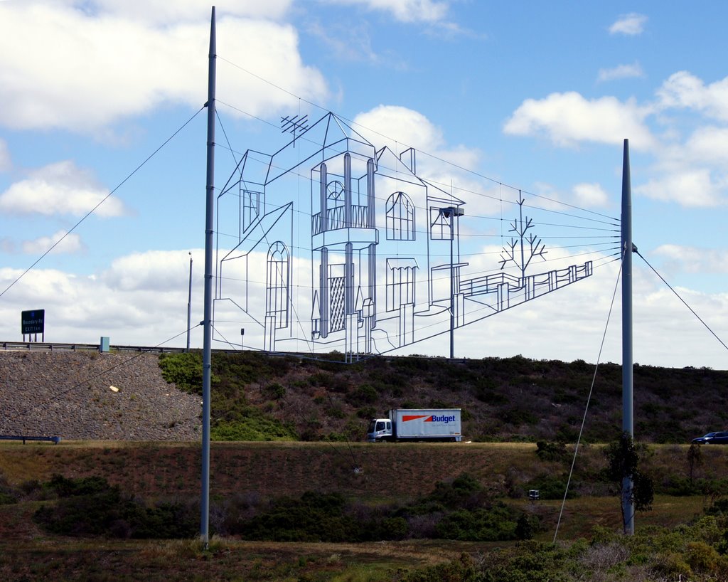 'House in the Sky' [2001] by Brearley Middleton Architects and Urban Designers. The suspended wire drawing of a dream home was part of a bold public art program for Melbourne's west and it won an architecture award in 2002 by Muzza from McCrae